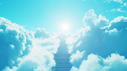 Poster - Stairway ascending through fluffy clouds into a bright sky, symbolic of aspiration. Generative AI