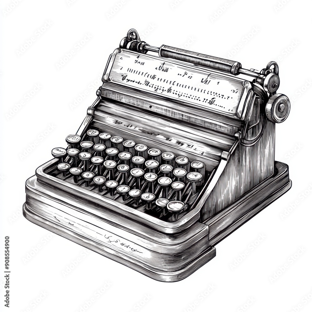 Black and white Vintage engraved art of a classic adding machine ...
