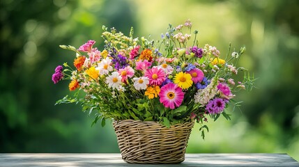 A lovely arrangement of garden flowers in a wicker basket sits on a table with a green background. The bouquet is perfect for spring or summer and could be used for a variety of occasions.