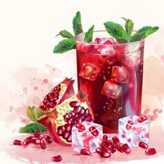 Poster - A glass of red drink with ice cubes and a pomegranate slice