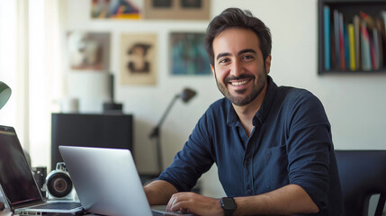 Poster - a happy man sitting at desk working on laptop looking at camera