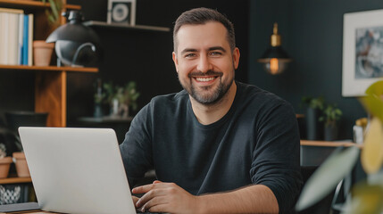 Poster - a happy man sitting at desk working on laptop looking at camera