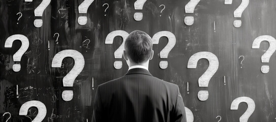 Fototapete - Businessman facing a wall with question marks, symbolizing decision-making or confusion on a dark chalkboard background. Generative AI