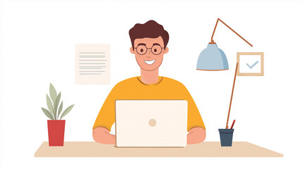 Poster - a happy man sitting at desk working on laptop looking at camera
