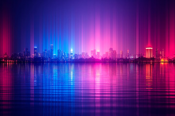 Canvas Print - A city skyline at night with reflected lights on water, in purple and pink hues, symbolizing urban energy. Generative AI