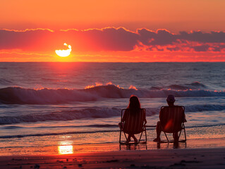 Wall Mural - Two people sitting on beach chairs enjoying a vibrant sunset over the ocean, expressing the concept of relaxation and nature. Generative AI