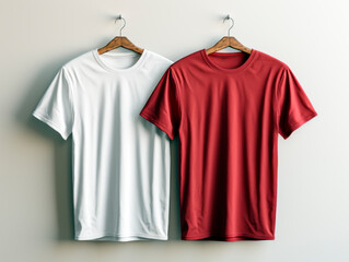 Poster - Two t-shirts, white and red, displayed on wooden hangers against a neutral background, ideal for branding mockups. Generative AI