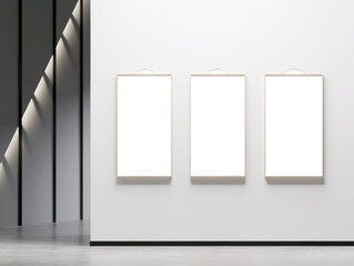 Poster - Three blank poster frames on a gallery wall, minimalist style, white and grey background, concept of mockup design. Generative AI