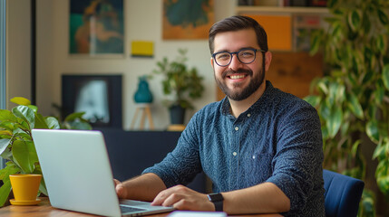 Poster - a happy man sitting at desk working on laptop looking at camera