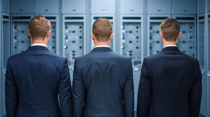 Poster - Three professionals in suits stand together, facing away, in a modern data center with high-tech equipment.
