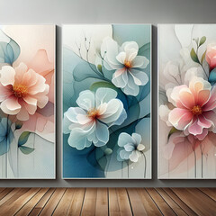 Wall Mural - a group of canvases with abstract floral designs in a light, transparent style. Design of plant art