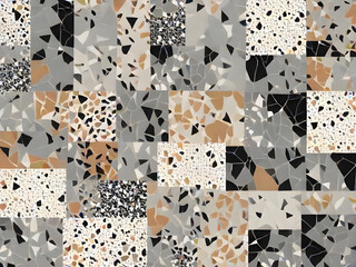 Terrazzo flooring seamless pattern collection in traditional gray, white, black marble rocks. Colorful interior granite material background