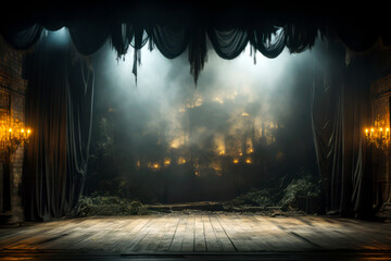 Poster - A mystical stage with heavy curtains, misty forest backdrop, subdued lighting, invoking a sense of drama. Generative AI