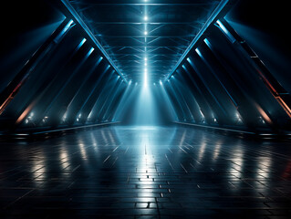 Poster - A futuristic tunnel with blue lighting and reflective floor, dark background, technological concept. Generative AI