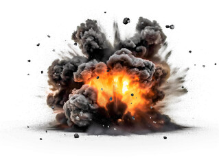 Poster - An explosive burst with fiery orange center and grey smoke, isolated on a white background, depicting a concept of power. Generative AI