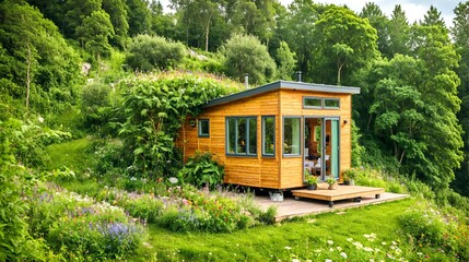 Wall Mural - A charming tiny house nestled amidst a lush green forest, surrounded by vibrant wildflowers and offering a peaceful escape from the hustle and bustle of everyday life. 2