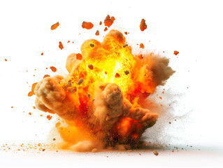Poster - A dynamic explosion with fiery and earthy elements on a white background representing a concept of power or impact. Generative AI