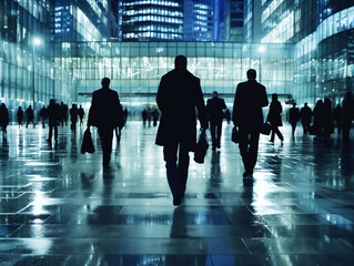 Aufkleber - Silhouettes of people walking in a business district at twilight, blue-toned and reflective flooring, concept of urban life. Generative AI