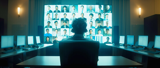 Poster - Person monitoring multiple screens with people's faces, in a dimly-lit surveillance room, depicting a concept of surveillance. Generative AI
