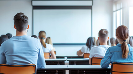 Aufkleber - Students sitting in a classroom facing a whiteboard, learning environment with natural light, concept of education. Generative AI