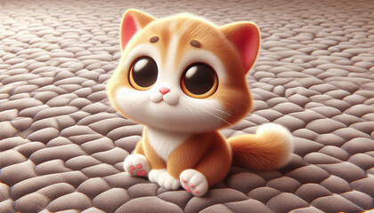 Wall Mural - Adorable cartoon cat with big eyes on a textured carpet