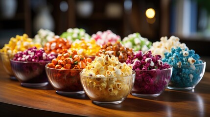 Poster - Assorted popcorn and snack bowls, perfect for a movie night, featuring a delightful mix of flavors 