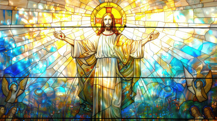 Wall Mural - A stained-glass depiction of Jesus Christ, standing with arms outstretched, surrounded by an aura of light, intricate detailing of robes, divine expression