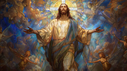 A stained-glass depiction of Jesus Christ, standing with arms outstretched, surrounded by an aura of light, intricate detailing of robes, divine expression