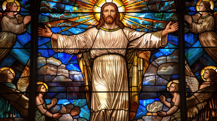 Wall Mural - A stained-glass depiction of Jesus Christ, standing with arms outstretched, surrounded by an aura of light, intricate detailing of robes, divine expression