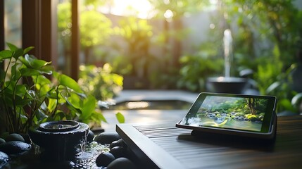 Poster - Peaceful Image of Tablet Displaying Nature Scene on Wooden Coffee Table