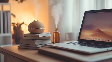 Poster - Photo of Digital Detox Setup with Closed Laptop, Books, and Essential Oil Diffuser