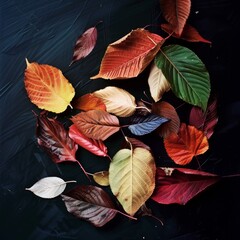 Wall Mural - A collection of colorful autumn leaves are spread out on a dark surface