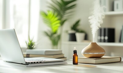 Poster - Photo of Digital Detox Setup with Closed Laptop, Books, and Essential Oil Diffuser
