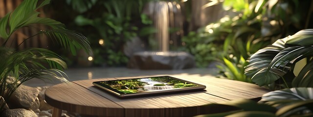 Poster - Peaceful Image of Tablet Displaying Nature Scene on Wooden Coffee Table