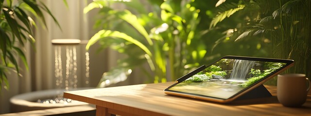 Poster - Peaceful Image of Tablet Displaying Nature Scene on Wooden Coffee Table
