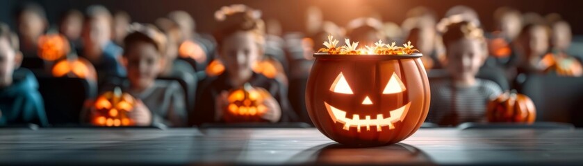 A lit jack-o-lantern sits in front of a group of people holding pumpkins.