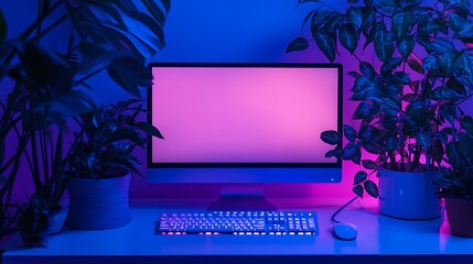Poster - Photo of Desktop with Ergonomic Keyboard and Mouse, Surrounded by Plants and Soft Lighting