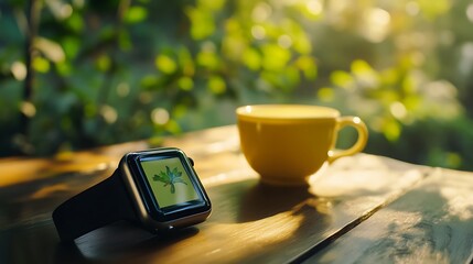 Poster - Image of Smart Watch on Table with Green Tea and Nature Background