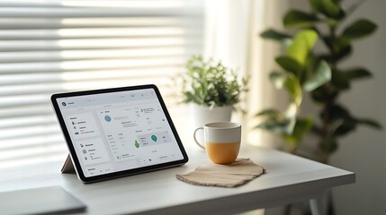 Poster - Image of Digital Wellness App on Tablet with Herbal Tea and Plant on Desk