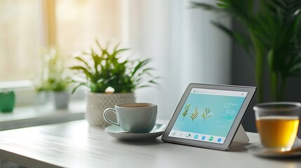 Poster - Image of Digital Wellness App on Tablet with Herbal Tea and Plant on Desk