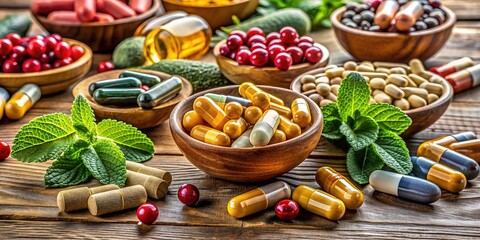 Colourful array of capsules, tablets, and vitamins on a wooden table, representing a diverse range of medications for immune system support and disease prevention.