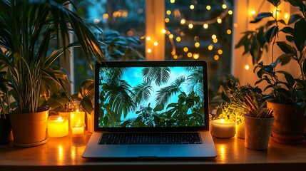 Poster - Peaceful Photo of Laptop with Nature Screensaver, Plants, and Candles on Wooden Desk