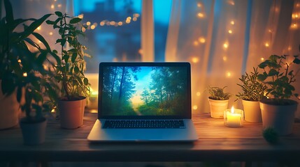 Poster - Peaceful Photo of Laptop with Nature Screensaver, Plants, and Candles on Wooden Desk