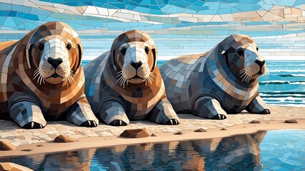 geometric mosaic walruses basking on the shore for bac background