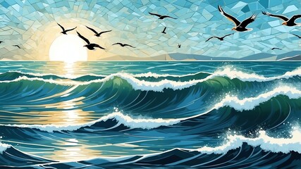 Wall Mural - geometric mosaic seagulls soaring above the waves for background