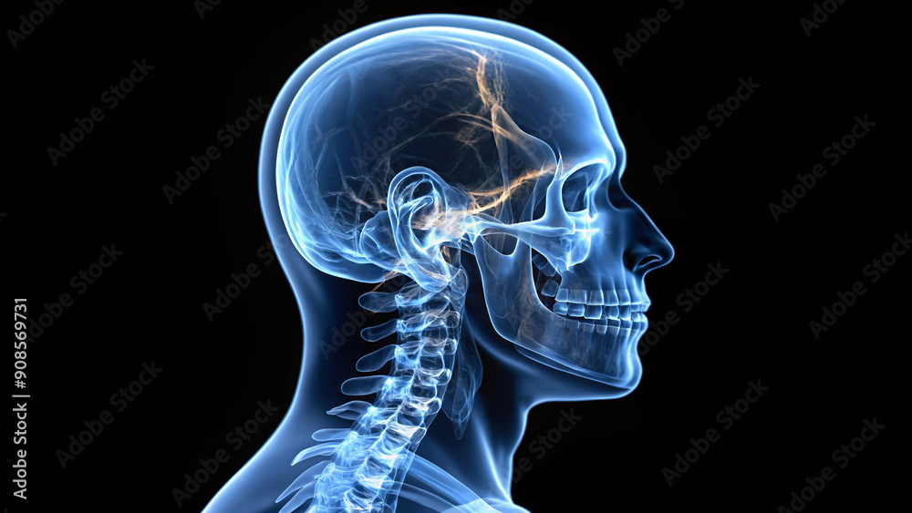 An X-ray image showing a detailed view of a human skull and head with ...