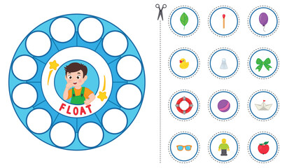 Wall Mural - Game for preschool children. We study physical phenomena: floating - drowning. Print template