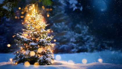  Christmas background. Xmas tree with snow decorated with garland lights, holiday festive ba_1(82)