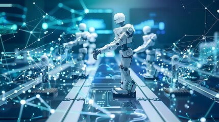 Poster - Robots move on a conveyor belt representing the increasing automation in the manufacturing industry.