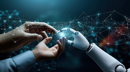 Poster - Human hand touches robot finger on a futuristic network connection background. Big data concept in cyberspace. Hands of man and machine connect, merge in digital world.
